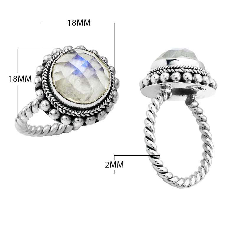 Wholesale sterling silver Bali ring with faceted Rainbow Moonstone and twisted rope band.