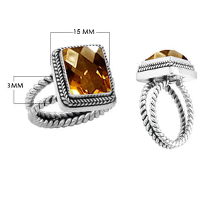 Wholesale sterling silver square citrine ring with faceted quartz, rope bezel, and double rope band – handcrafted Bali-inspired jewelry for bulk buyers and resellers.