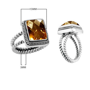 Wholesale sterling silver square citrine ring with faceted quartz, rope bezel, and double rope band – handcrafted Bali-inspired jewelry for bulk buyers and resellers.