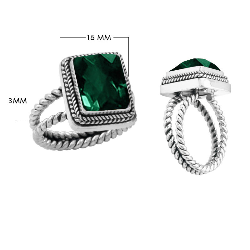 Wholesale sterling silver square-cut green quartz ring with rope-style band – bulk handcrafted quartz jewelry for resellers.