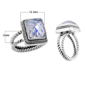 Wholesale sterling silver square rainbow moonstone ring with faceted quartz, rope bezel, and double rope band – handcrafted Bali-inspired jewelry for resellers and bulk buyers.