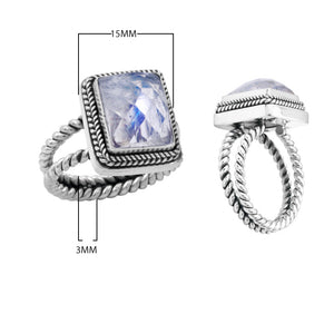 Wholesale sterling silver square rainbow moonstone ring with faceted quartz, rope bezel, and double rope band – handcrafted Bali-inspired jewelry for resellers and bulk buyers.