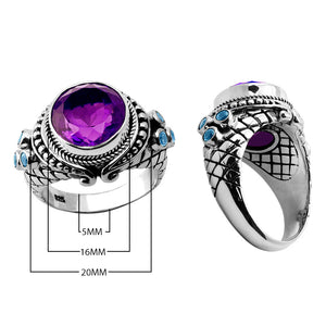 Wholesale sterling silver statement ring with faceted round amethyst quartz center and blue topaz quartz accents, Bali-inspired rope and scroll detailing – handcrafted artisan jewelry for resellers and bulk buyers.