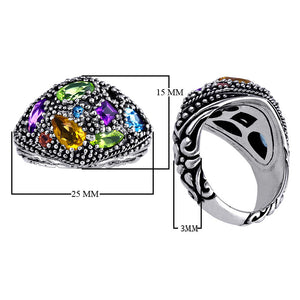 Wholesale sterling silver dome ring with amethyst quart, citrine quart, peridot quart, blue topaz quart, and garnet quart, handcrafted with Bali-inspired beaded detailing – artisan statement jewelry for resellers and bulk buyers.