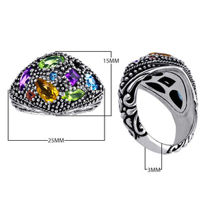 Wholesale sterling silver dome ring with amethyst quart, citrine quart, peridot quart, blue topaz quart, and garnet quart, handcrafted with Bali-inspired beaded detailing – artisan statement jewelry for resellers and bulk buyers.