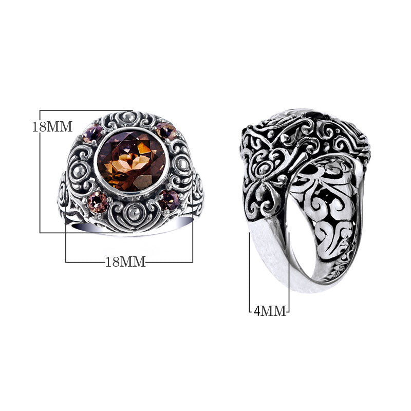 Sterling silver wholesale ring with smoky quartz center and smoky quartzsmoky quartz accents, handcrafted with ornate Balinese scrollwork design.