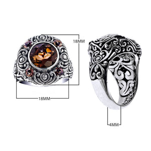 Sterling silver wholesale ring with smoky quartz center and smoky quartzsmoky quartz accents, handcrafted with ornate Balinese scrollwork design.