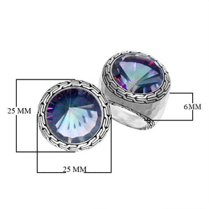 Wholesale sterling silver Mystic Topaz Quartz ring with round rainbow-hued quartz, artisan bezel setting, and Bali-inspired detailing, ideal for bulk jewelry orders.