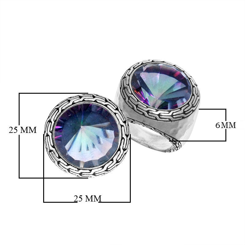 Wholesale sterling silver Mystic Topaz Quartz ring with round rainbow-hued quartz, artisan bezel setting, and Bali-inspired detailing, ideal for bulk jewelry orders.