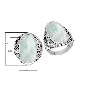 Wholesale sterling silver oval Mother of Pearl Shell ring with Bali filigree design and oxidized finish, handcrafted artisan shell jewelry for bulk orders.