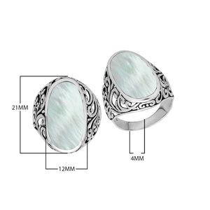 Wholesale sterling silver oval Mother of Pearl Shell ring with Bali filigree design and oxidized finish, handcrafted artisan shell jewelry for bulk orders.