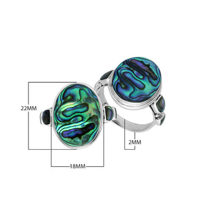 Wholesale sterling silver oval Abalone Shell ring with side inlays, handcrafted artisan jewelry featuring iridescent shell in .925 silver for bulk orders.