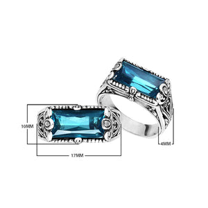 Wholesale sterling silver rectangular London Blue Topaz Quartz ring with faceted Quartz and handcrafted Bali-inspired detailing, artisan jewelry for bulk orders.