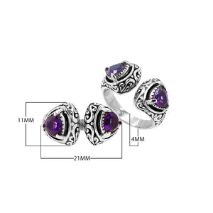 Wholesale sterling silver Bali design ring with trillion-cut Amethyst Quartz– handcrafted artisan wholesale jewelry.