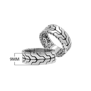 Wholesale sterling silver wide band ring with bold geometric pattern and oxidized detailing – unisex artisan wholesale jewelry.