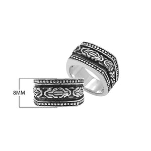 Wholesale sterling silver Bali wide band ring with oxidized finish and intricate artisan carving design, bulk handcrafted silver jewelry for resellers.