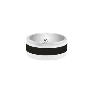 Wholesale sterling silver wide band ring with Black Shell inlay, handcrafted unisex jewelry in bulk for retailers and resellers.