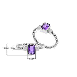 Wholesale sterling silver twisted band ring with rectangular-cut Amethyst Quartz, handcrafted artisan jewelry in bulk for retailers and resellers.