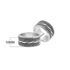 Wholesale sterling silver wide band ring with diagonal rope Bali-inspired design and oxidized details, handcrafted unisex artisan jewelry in bulk for retailers and resellers.