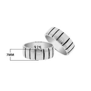 Wholesale sterling silver band ring with vertical oxidized stripe design, wide unisex 925 silver ring handcrafted in Bali for bulk orders and resellers.
