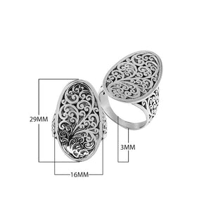 Wholesale sterling silver oval filigree ring with intricate Balinese scrollwork and oxidized antique finish – handcrafted artisan jewelry for bulk buyers and resellers.