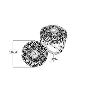 Wholesale sterling silver mandala statement ring with round geometric design and oxidized finish – handcrafted Balinese artisan jewelry for bulk buyers and resellers.