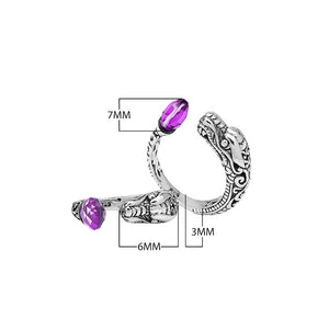 Wholesale sterling silver dragon head bypass ring with faceted Amethyst Quartz and detailed Balinese carvings – handcrafted artisan jewelry for bulk buyers and resellers.