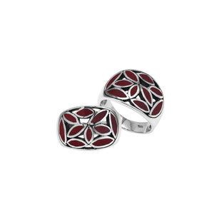 Wholesale Sterling Silver wide band ring with genuine Red Coral Inlay, handcrafted Bali artisan jewelry with mosaic leaf design.