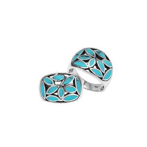 Wholesale sterling silver wide band ring with genuine Turquoise Shell Inlay, handcrafted Bali artisan jewelry with mosaic leaf design.