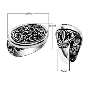 Wholesale sterling silver Woman oval signet ring with Bali scrollwork carving and oxidized finish, handcrafted 925 silver jewelry.