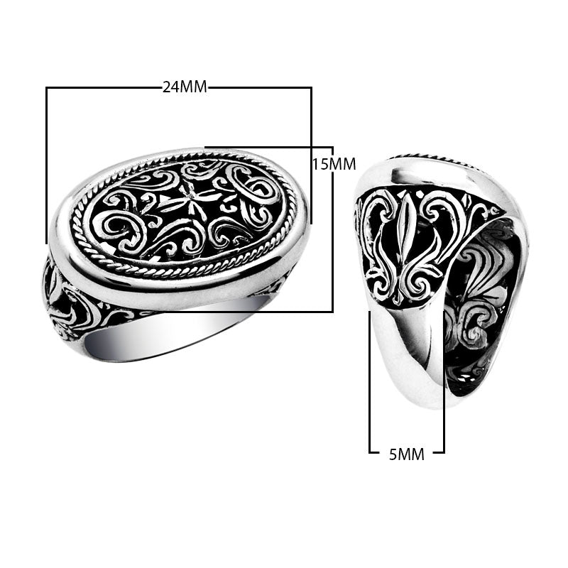 Wholesale sterling silver Woman oval signet ring with Bali scrollwork carving and oxidized finish, handcrafted 925 silver jewelry.