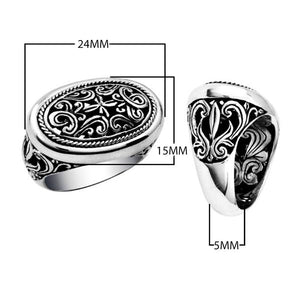 Wholesale sterling silver Woman oval signet ring with Bali scrollwork carving and oxidized finish, handcrafted 925 silver jewelry.