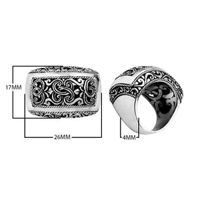 Bulk sterling silver rectangular wide band ring with intricate Bali carvings, handcrafted artisan design for wholesale jewelry collections.