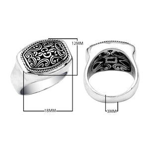 Wholesale sterling silver men’s rectangular signet ring with Bali scrollwork carving and oxidized finish, handcrafted 925 silver jewelry.
