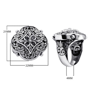 Wholesale sterling silver Balinese statement ring with ornate floral medallion design, oxidized detailing, and handcrafted scroll patterns – artisan jewelry from Bali.