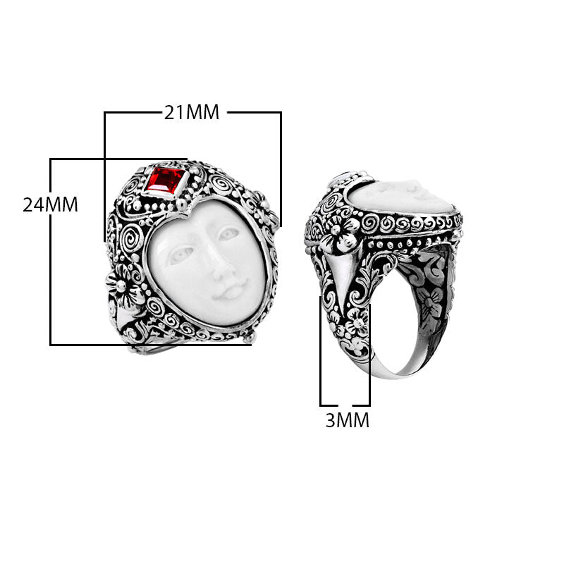 Wholesale sterling silver ring with carved Bone Face, square-cut Garnet Quartz, and intricate Balinese floral carvings, handcrafted artisan jewelry.