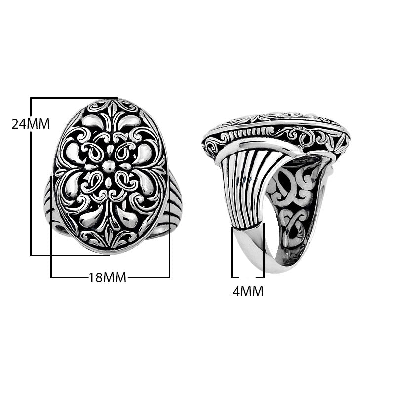 Sterling silver oval floral signet ring in bulk wholesale, handcrafted in Bali with oxidized finish and detailed scrollwork design.