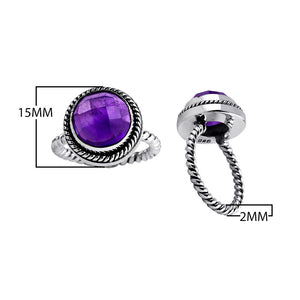Sterling silver ring with faceted round Amethyst Quartz and rope band design, wholesale Bali handmade jewelry