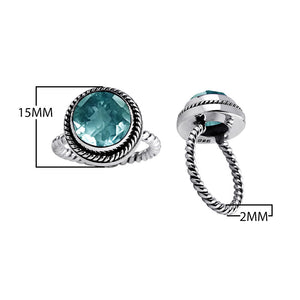 Sterling silver ring with faceted round Blue Topaz Quartz and rope band design, wholesale Bali handmade jewelry