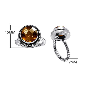 Sterling silver ring with faceted round Citrine Quartz and rope band design, wholesale Bali handmade jewelry