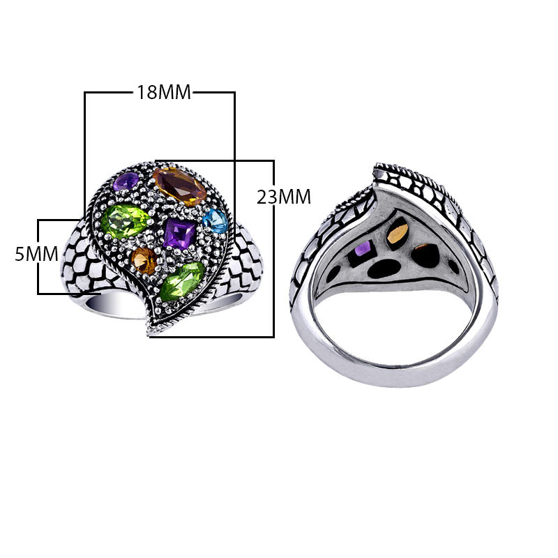 Sterling silver wholesale multi-quartz ring with swirl design and textured detailing, handcrafted in Bali.