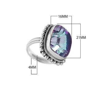 Wholesale sterling silver ring with faceted Mystic Topaz, Balinese bead and rope design – bulk handcrafted statement jewelry.