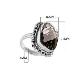 Wholesale sterling silver ring with faceted Smoky Quartz, Balinese beaded and rope design – bulk handcrafted statement jewelry.