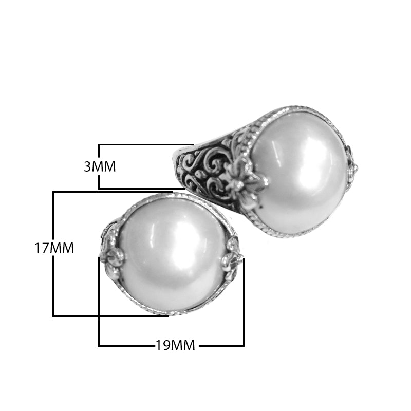 Wholesale sterling silver ring with round polished Pearl, Balinese Floral and scroll design – bulk handcrafted statement jewelry.