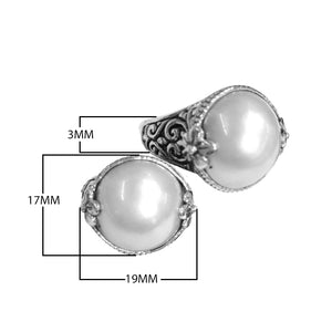 Wholesale sterling silver ring with round polished Pearl, Balinese Floral and scroll design – bulk handcrafted statement jewelry.
