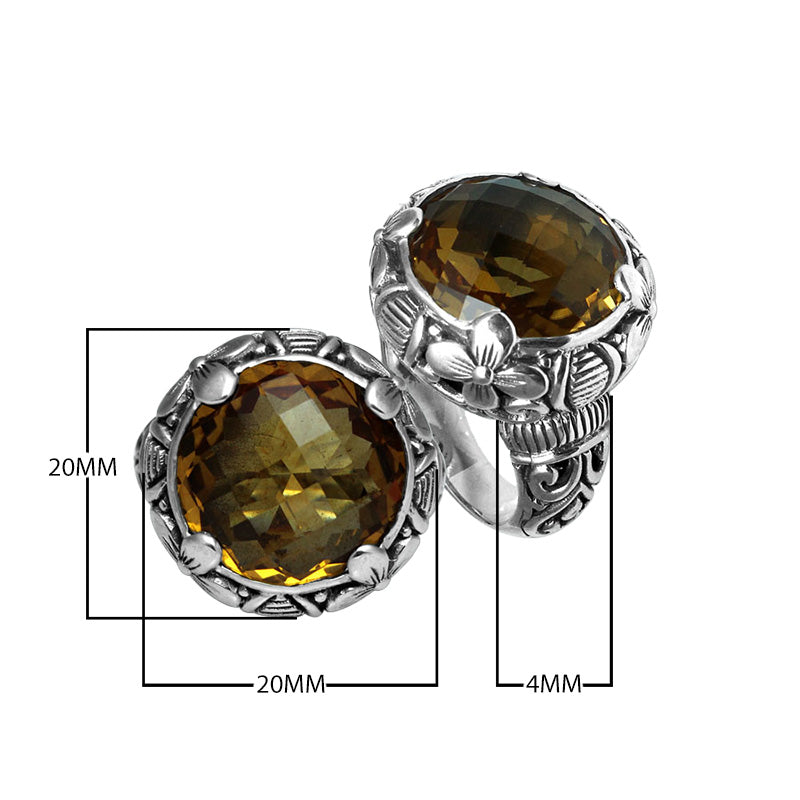 Sterling silver ring with round Citrine Quartz and Balinese floral carving design.