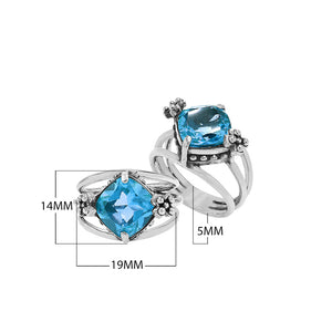 Wholesale 925 sterling silver ring with cushion-cut Blue Quartz and floral accents, handcrafted in Bali.