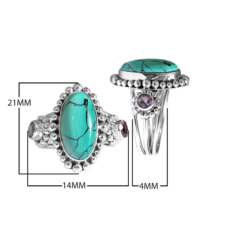 Wholesale sterling silver Oval Turquoise Shell & Amethyst Quartz ring with bead detailing and Amethyst Quartz accents, handcrafted in Bali.
