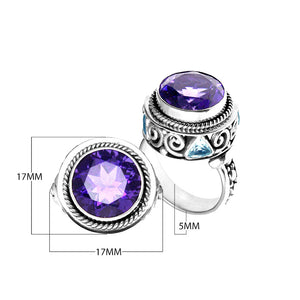 Wholesale sterling silver ring with round-cut Amethyst Quartz & Blue Topaz Quartz, rope bezel, swirl silverwork, and accent stones, handcrafted in Bali.