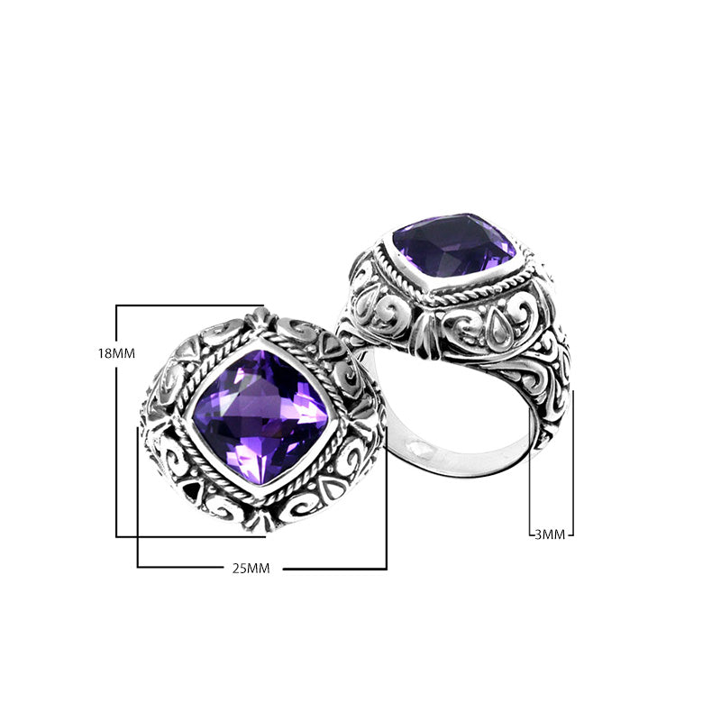 Wholesale sterling silver cushion-cut Amethyst Quartz ring with ornate scrollwork and rope bezel, handcrafted in Bali.